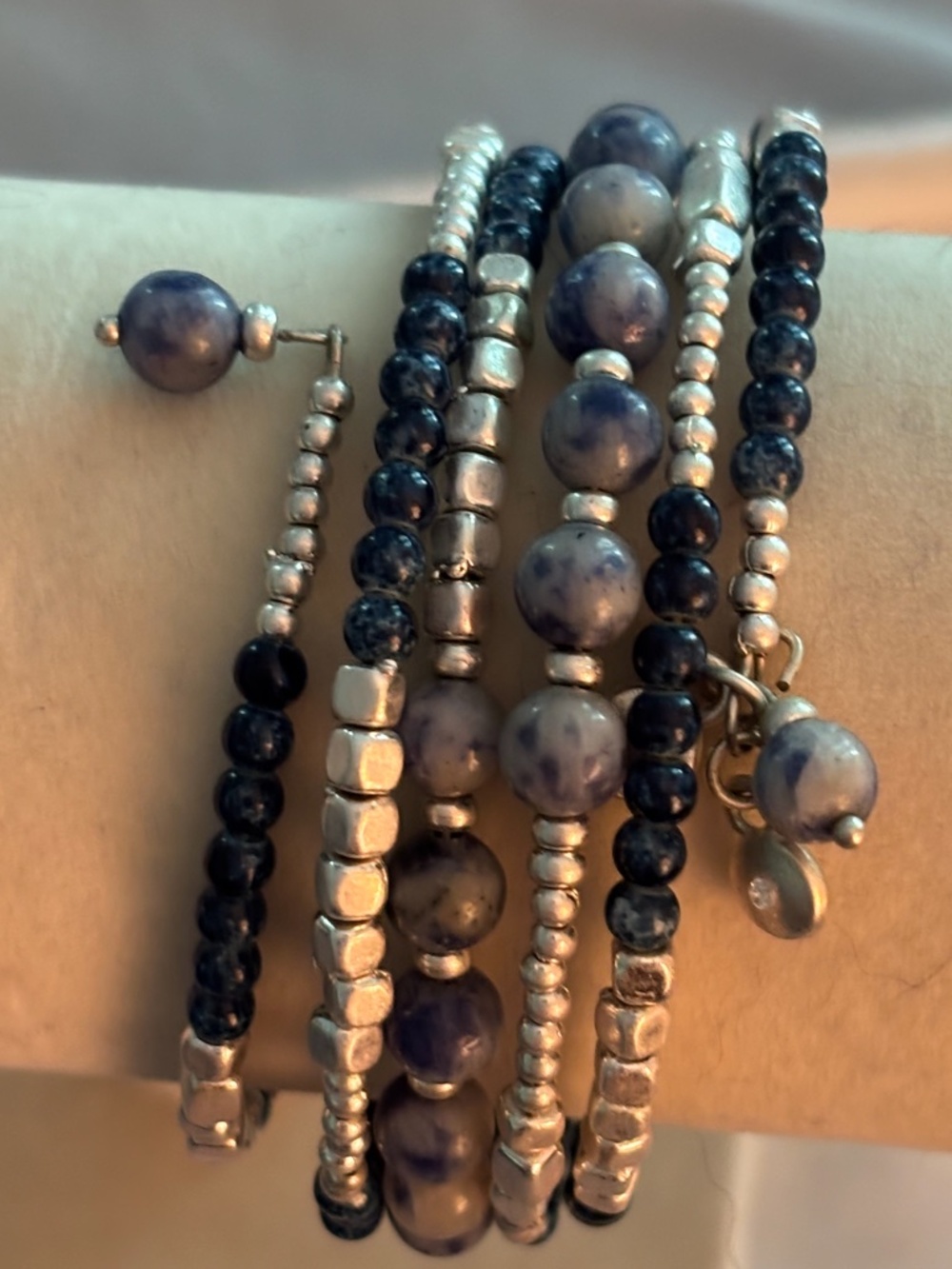 Navy Blue Beaded Memory Wire Wrap Bracelet Silver Tone